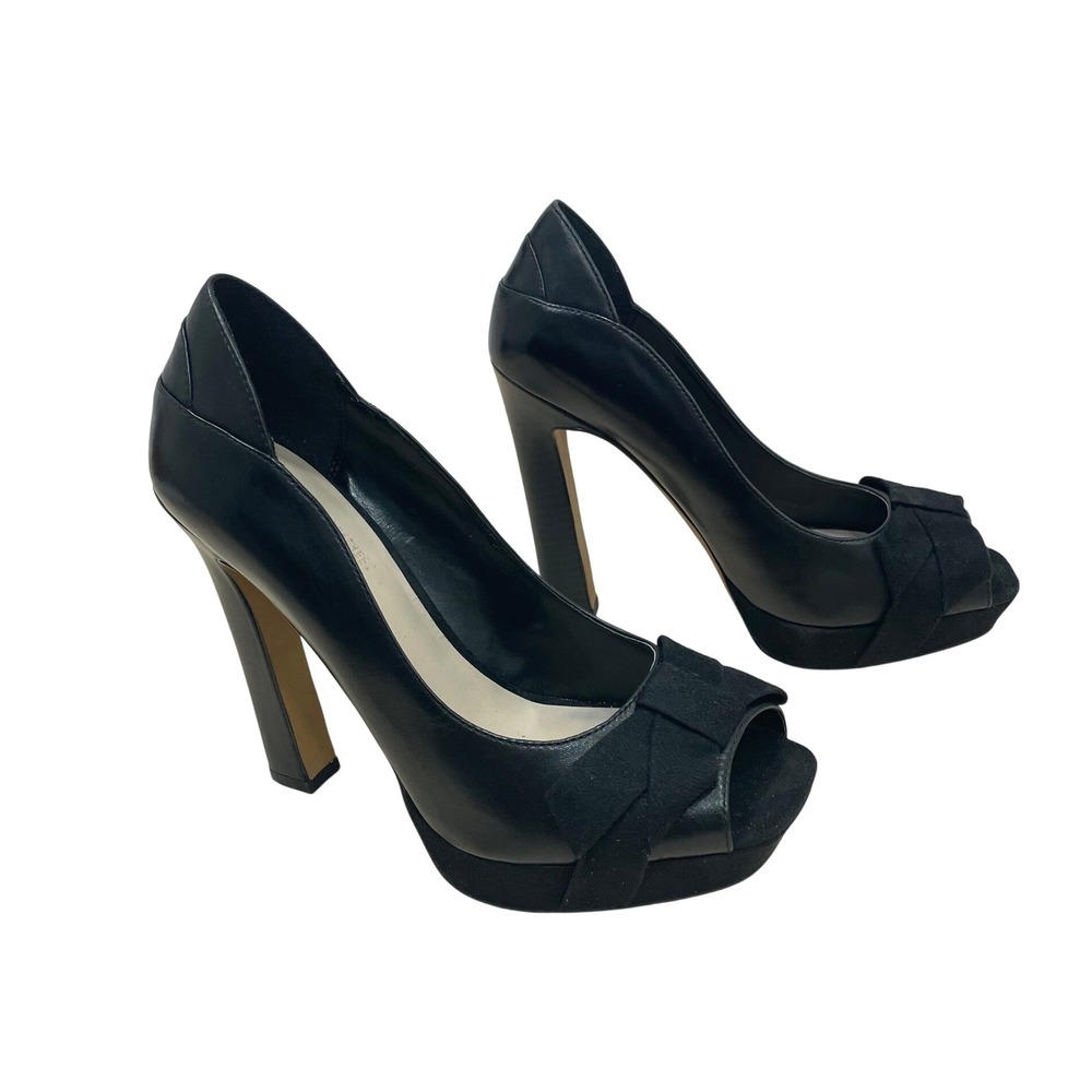 MRKT Black Peep Toe Platform Pump Women 8 Suede Bow Block Heel Retro